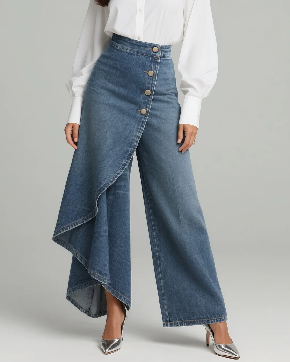 Imogen - Women's Wide Leg Denim Pants with Asymmetric Wrap