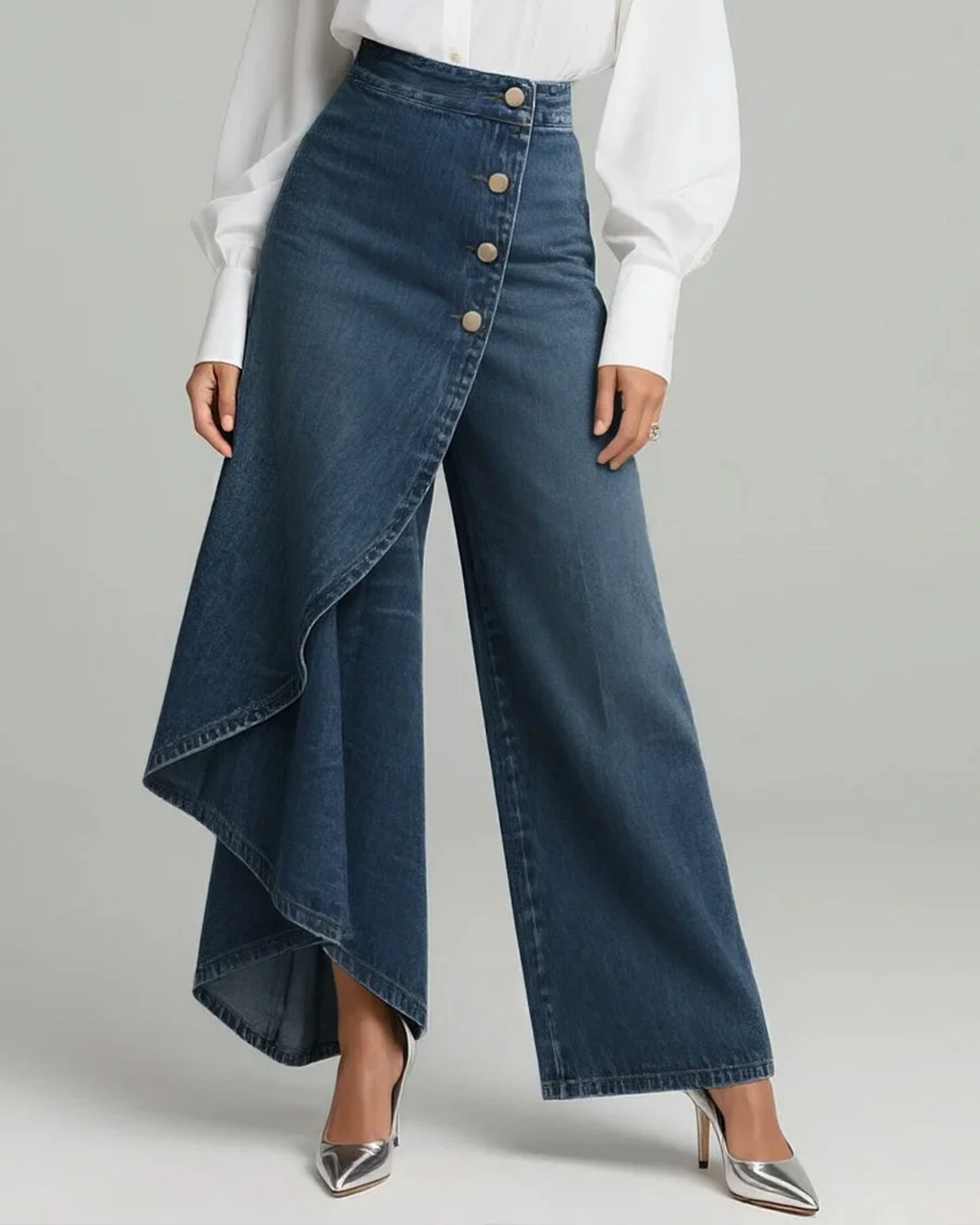 Imogen - Women's Wide Leg Denim Pants with Asymmetric Wrap
