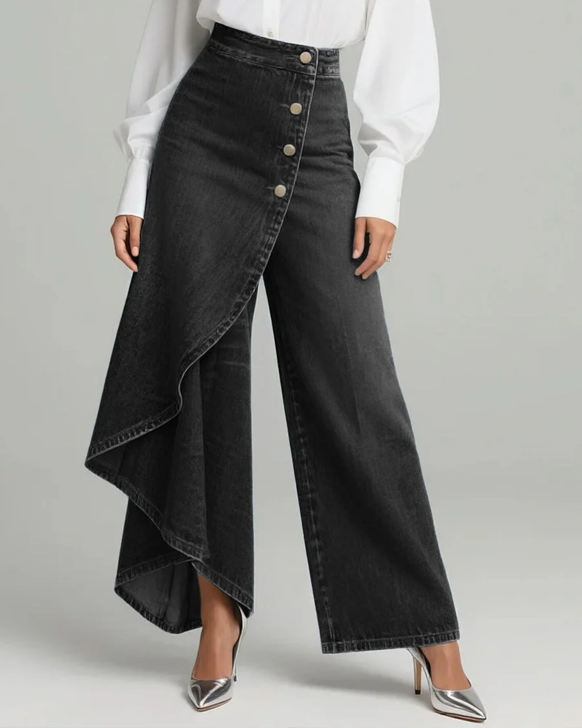 Imogen - Women's Wide Leg Denim Pants with Asymmetric Wrap