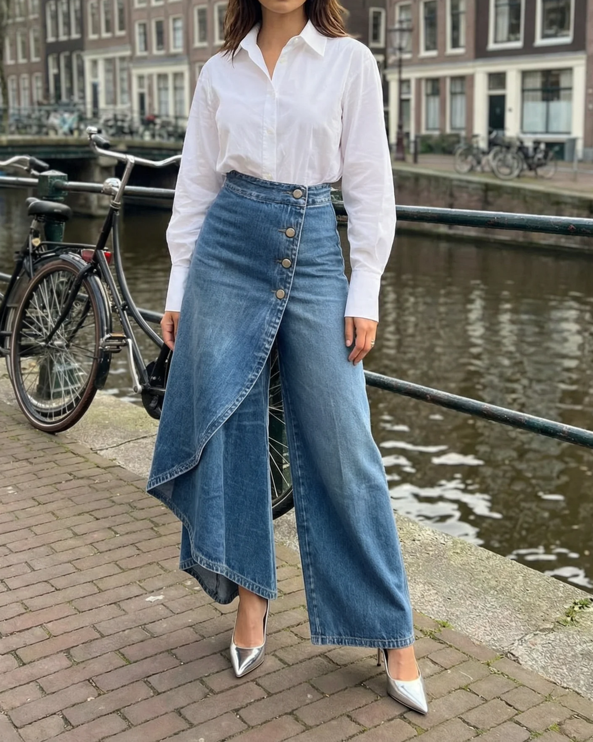 Imogen - Women's Wide Leg Denim Pants with Asymmetric Wrap