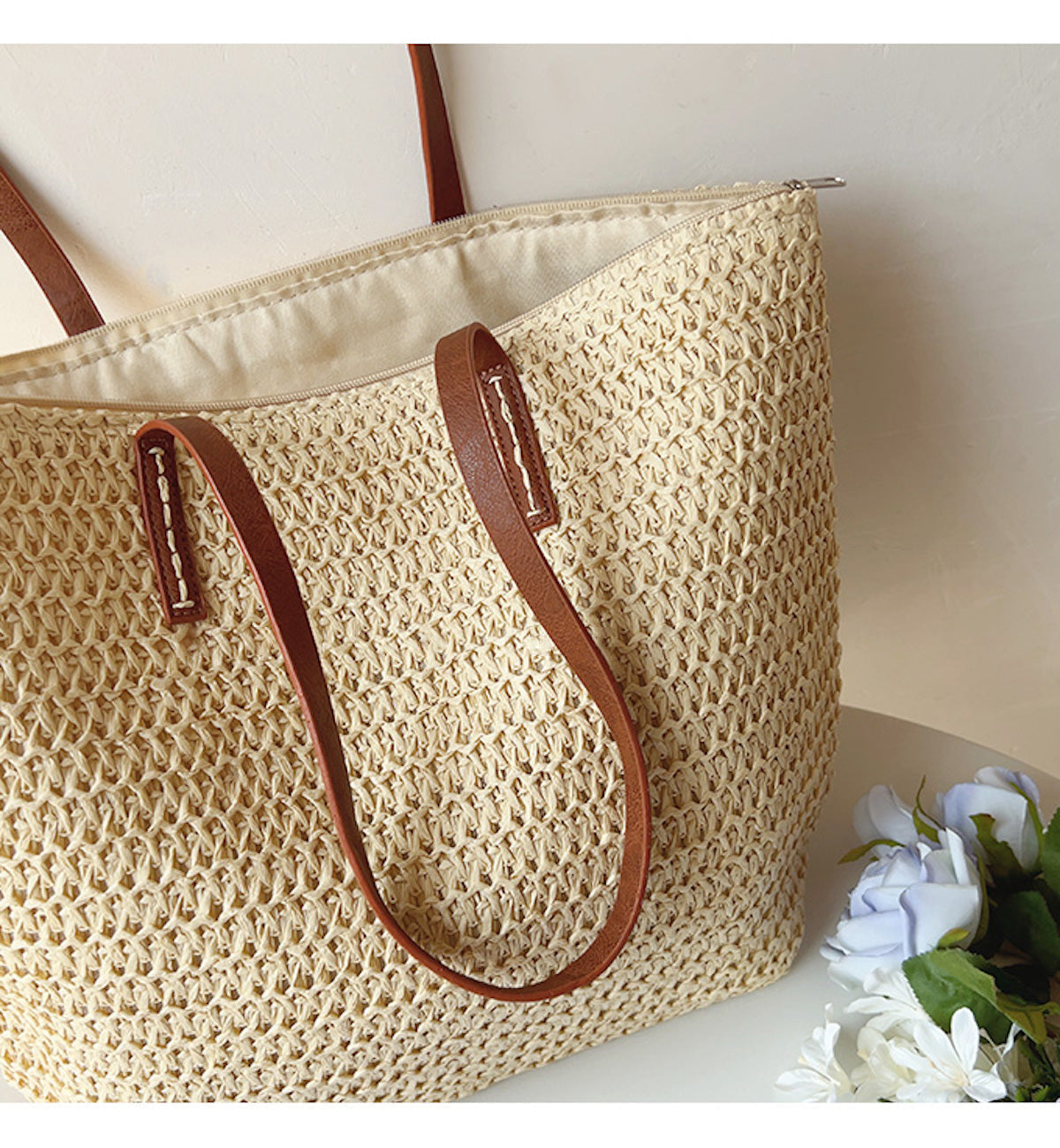 Jolene | Women's Linen Tote Bag with Leather Handles