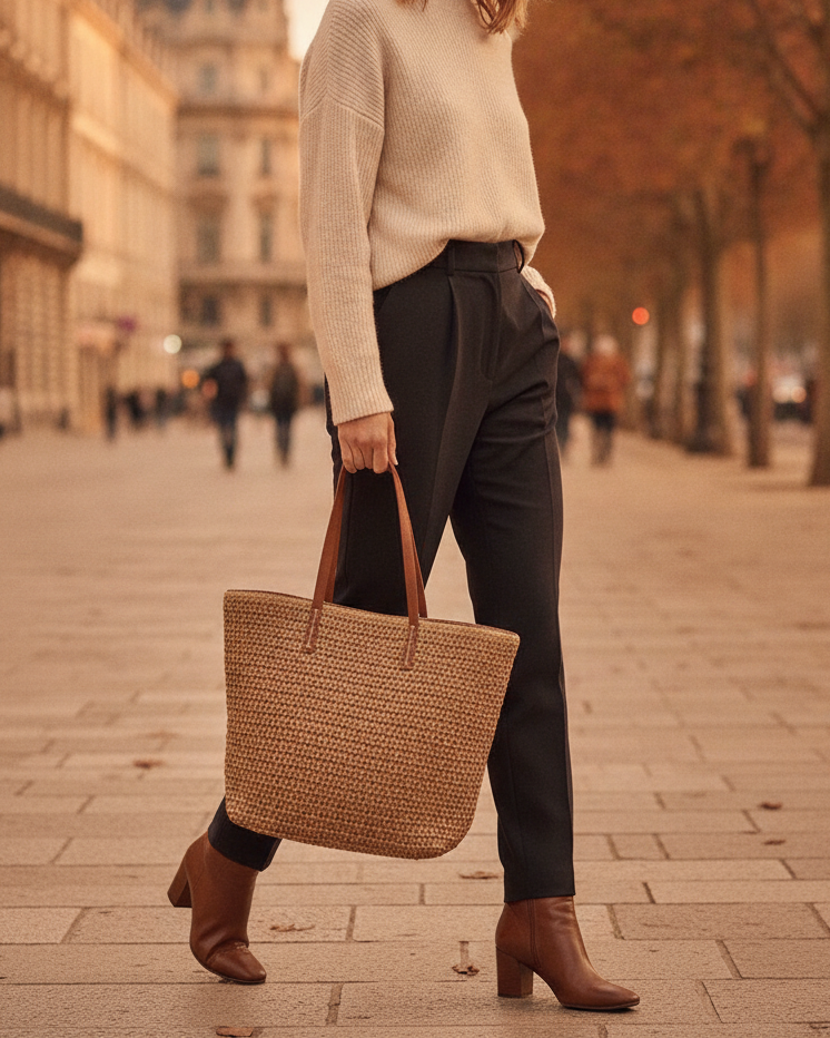 Jolene | Women's Linen Tote Bag with Leather Handles