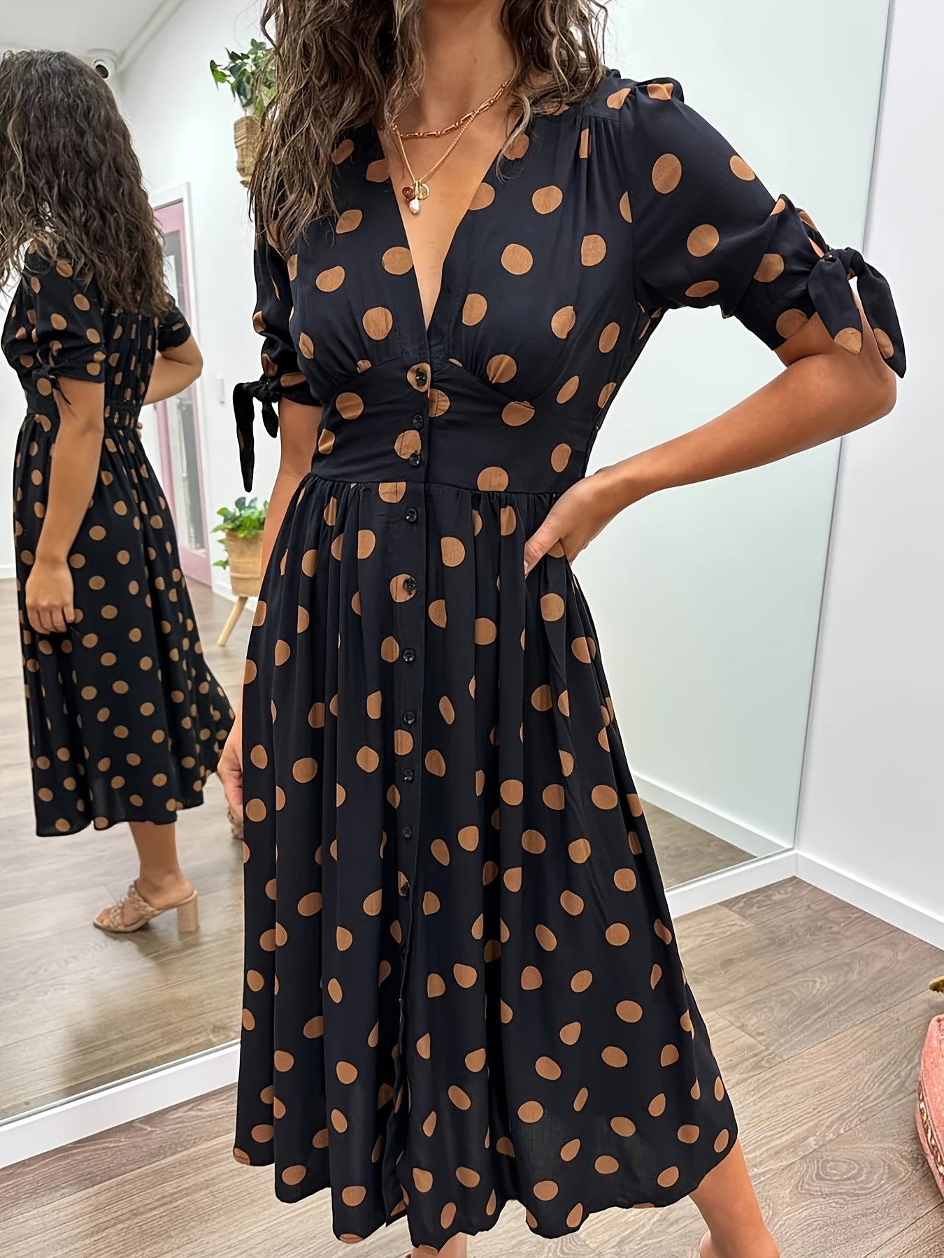 Juniper | Women's Chic Polka Dot Midi Dress with Tie Sleeves