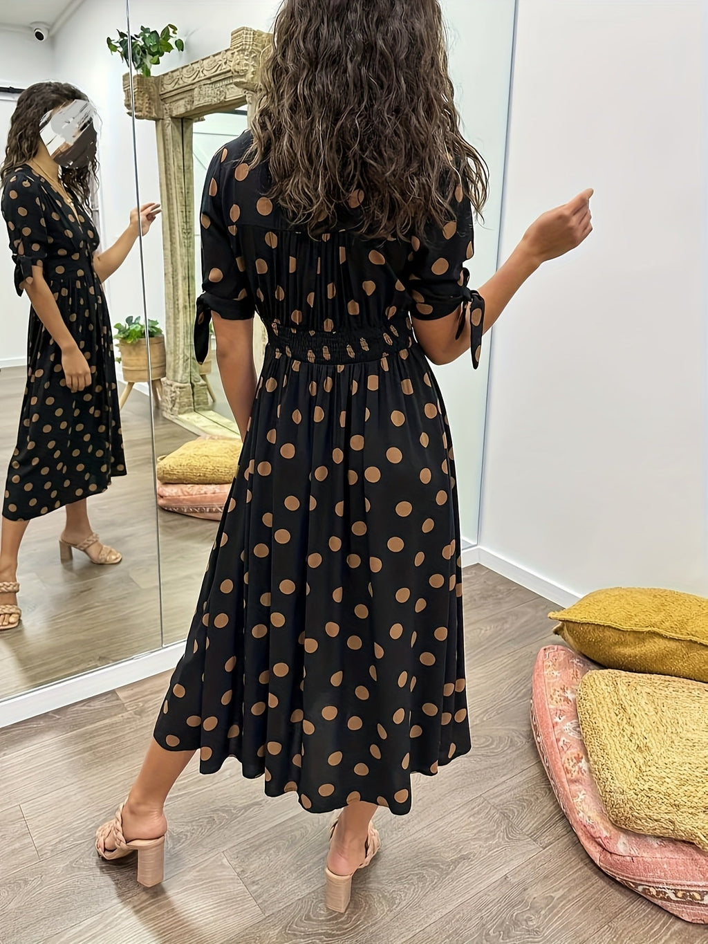 Juniper | Women's Chic Polka Dot Midi Dress with Tie Sleeves