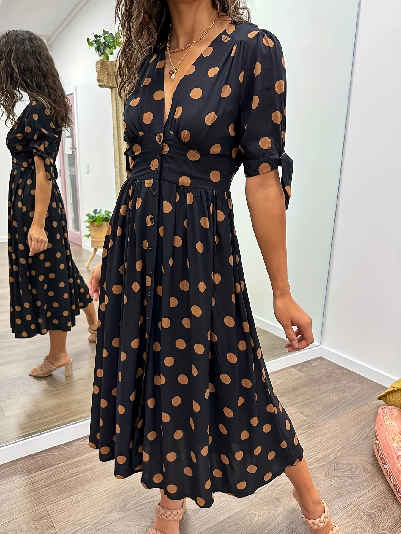 Juniper | Women's Chic Polka Dot Midi Dress with Tie Sleeves