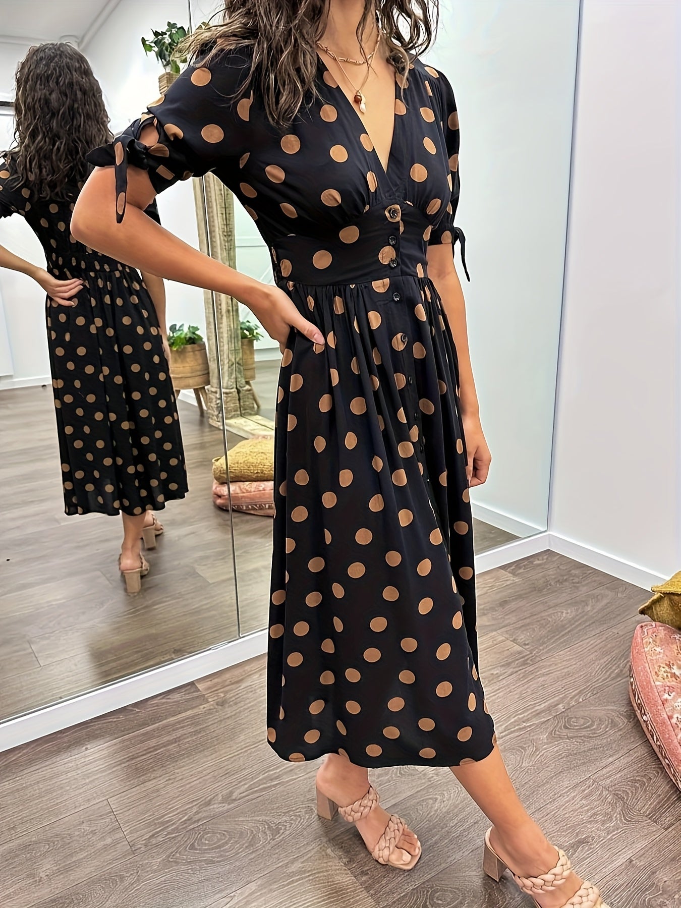 Juniper | Women's Chic Polka Dot Midi Dress with Tie Sleeves