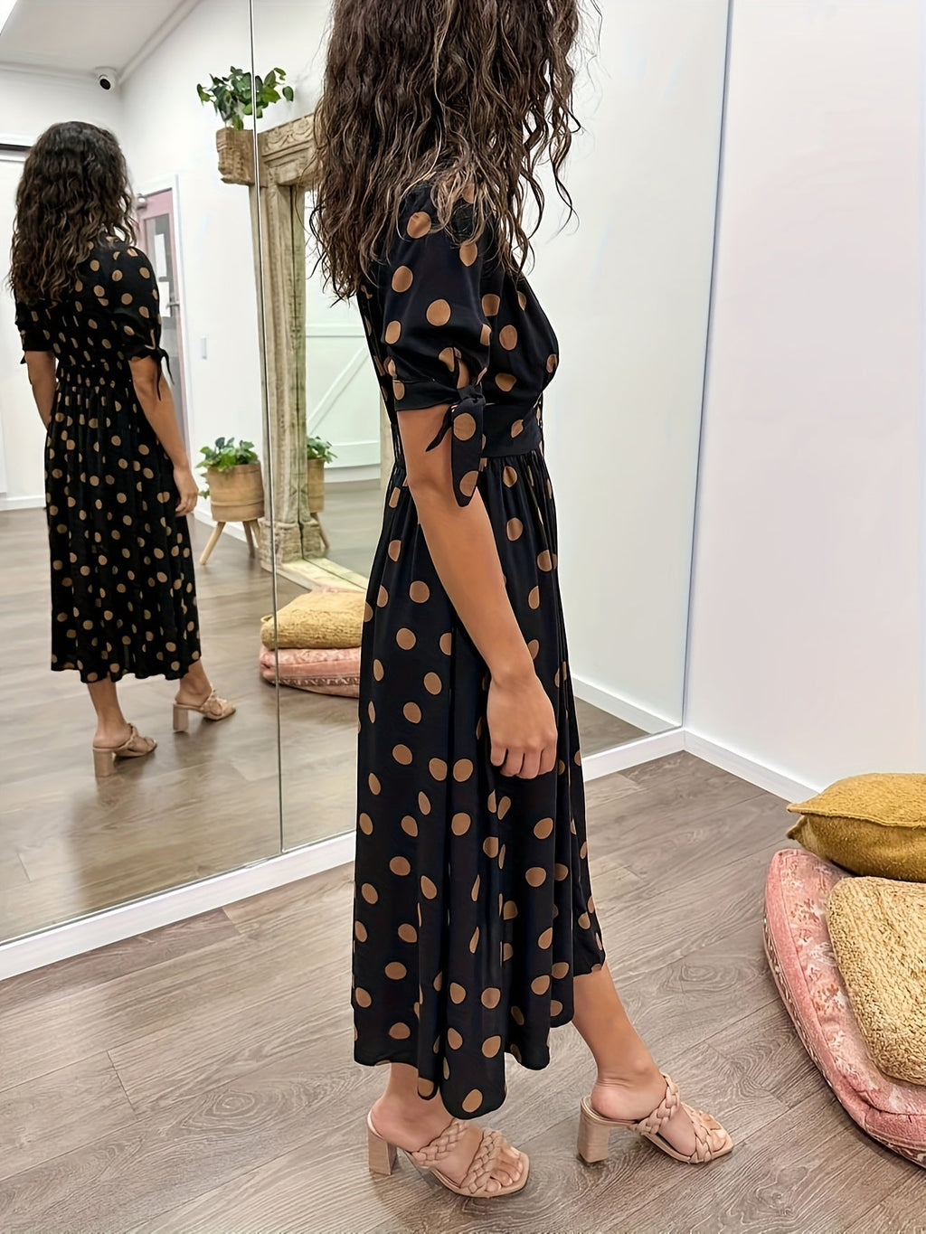 Juniper | Women's Chic Polka Dot Midi Dress with Tie Sleeves