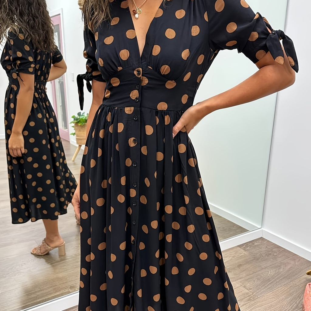 Juniper | Women's Chic Polka Dot Midi Dress with Tie Sleeves