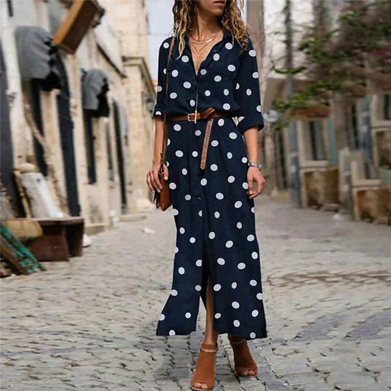 Rowan | Women's Polka Dot Maxi Dress with Belted Waist