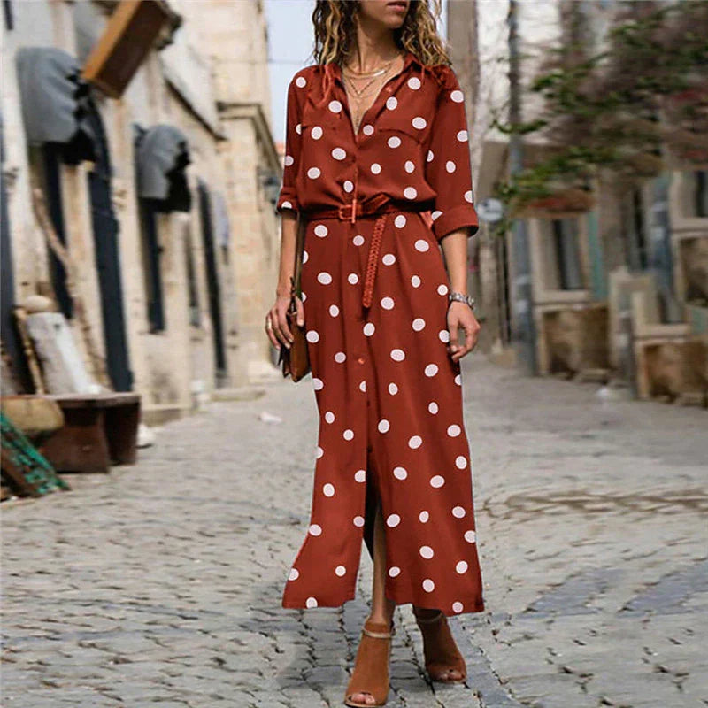 Rowan | Women's Polka Dot Maxi Dress with Belted Waist