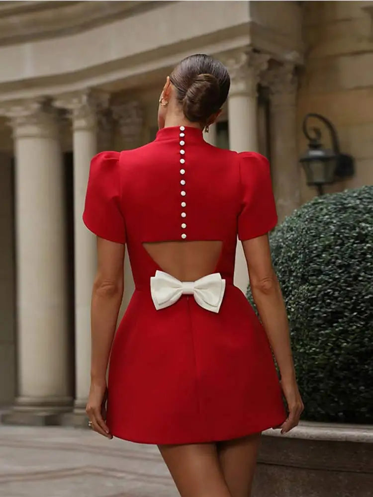Elara | Women's Elegant Red Mini Dress with Bow Back