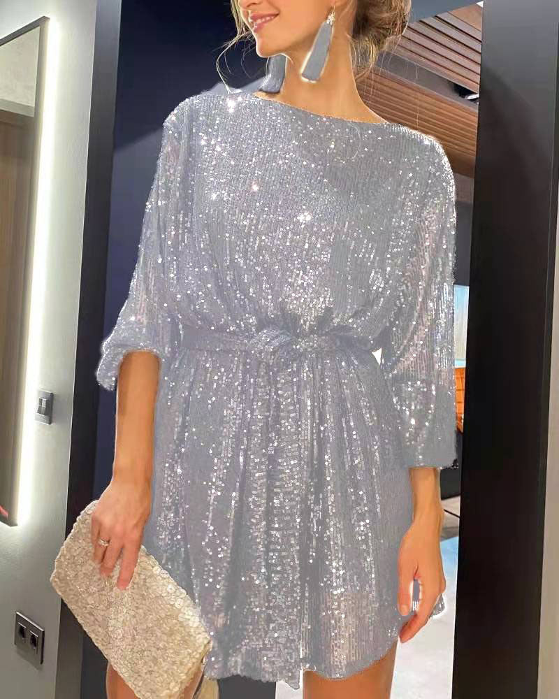 Lyra - Women's Sequin Mini Dress with Tie Waist