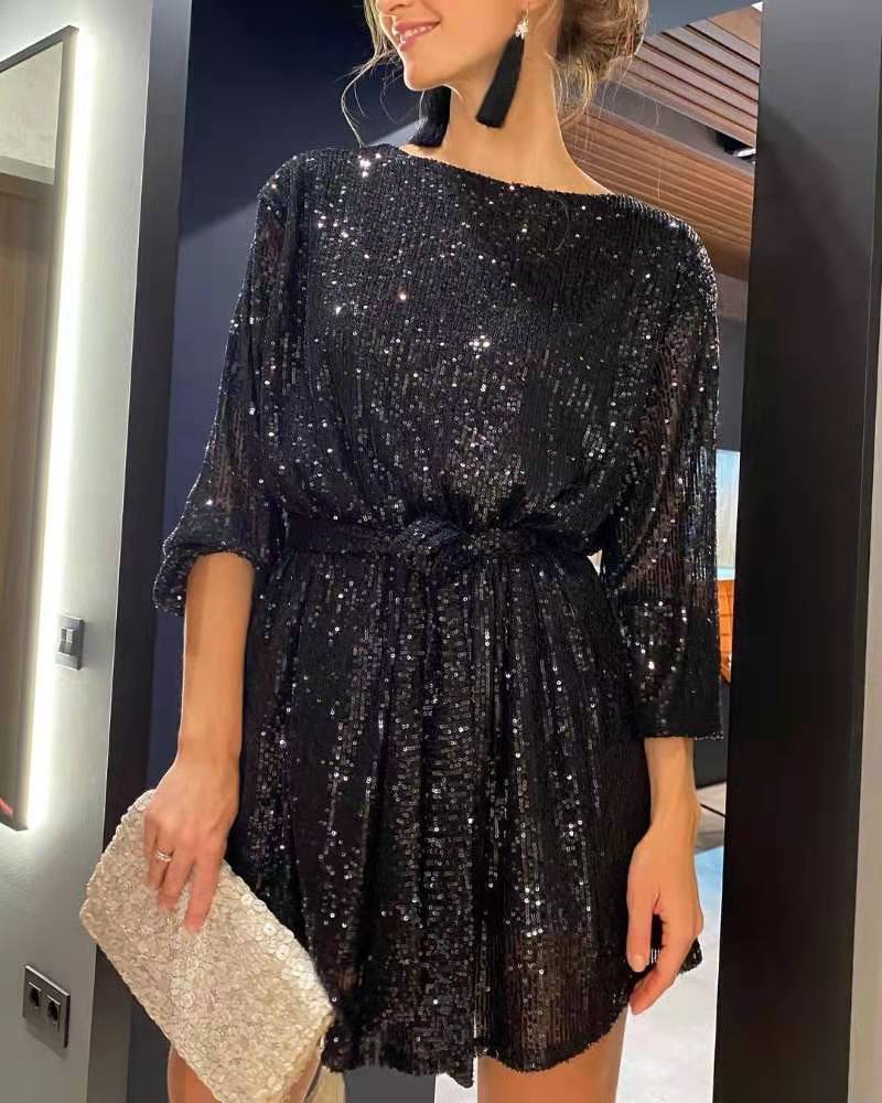 Lyra - Women's Sequin Mini Dress with Tie Waist