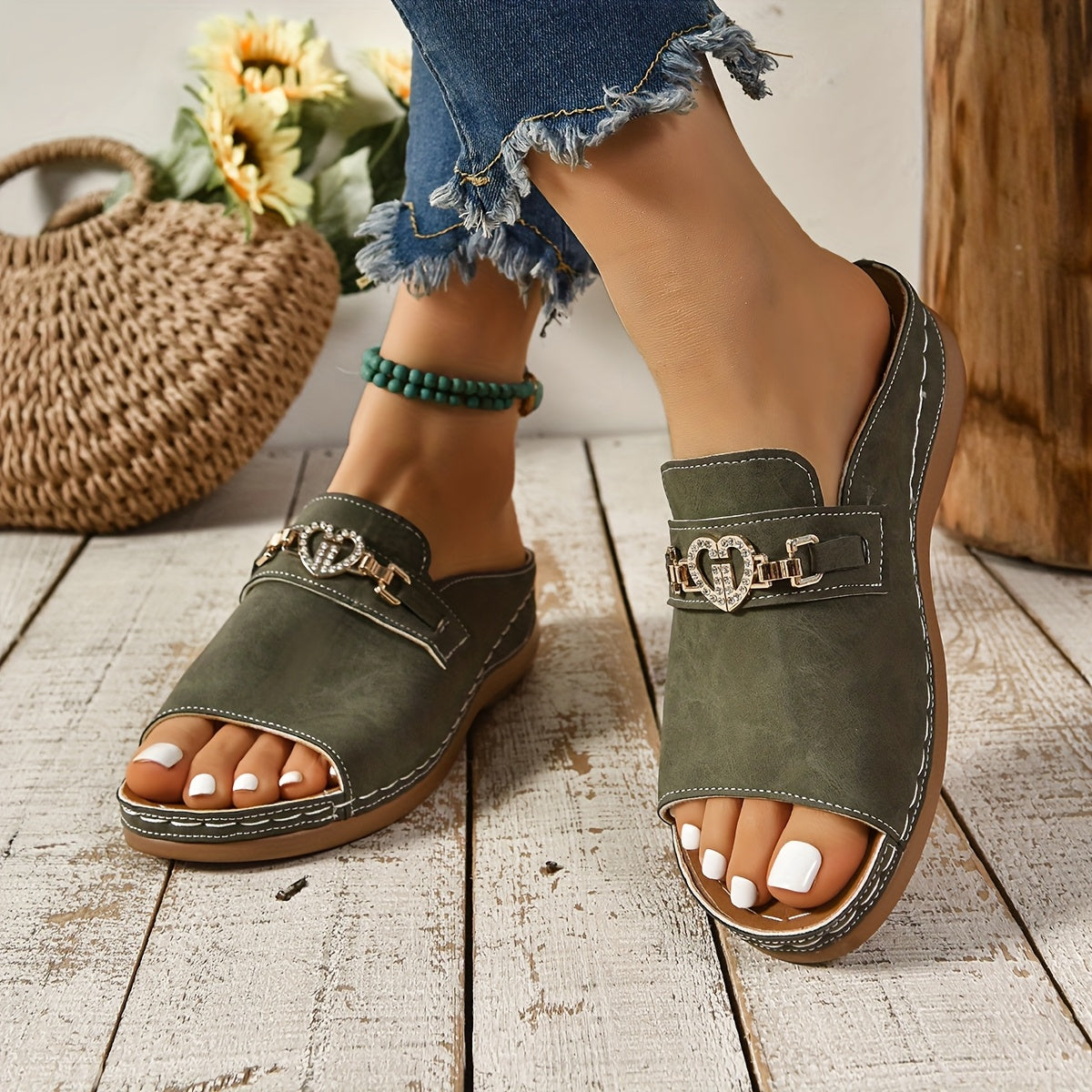 Margo | Women's Slip On Sandals with Heart Buckle Detail