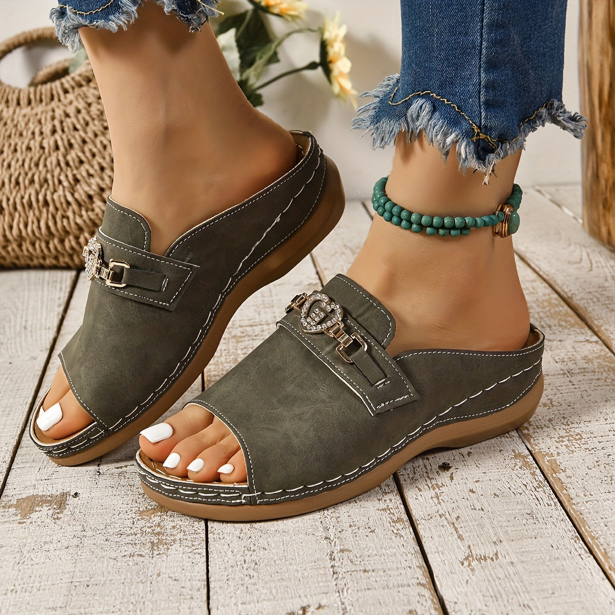 Margo | Women's Slip On Sandals with Heart Buckle Detail