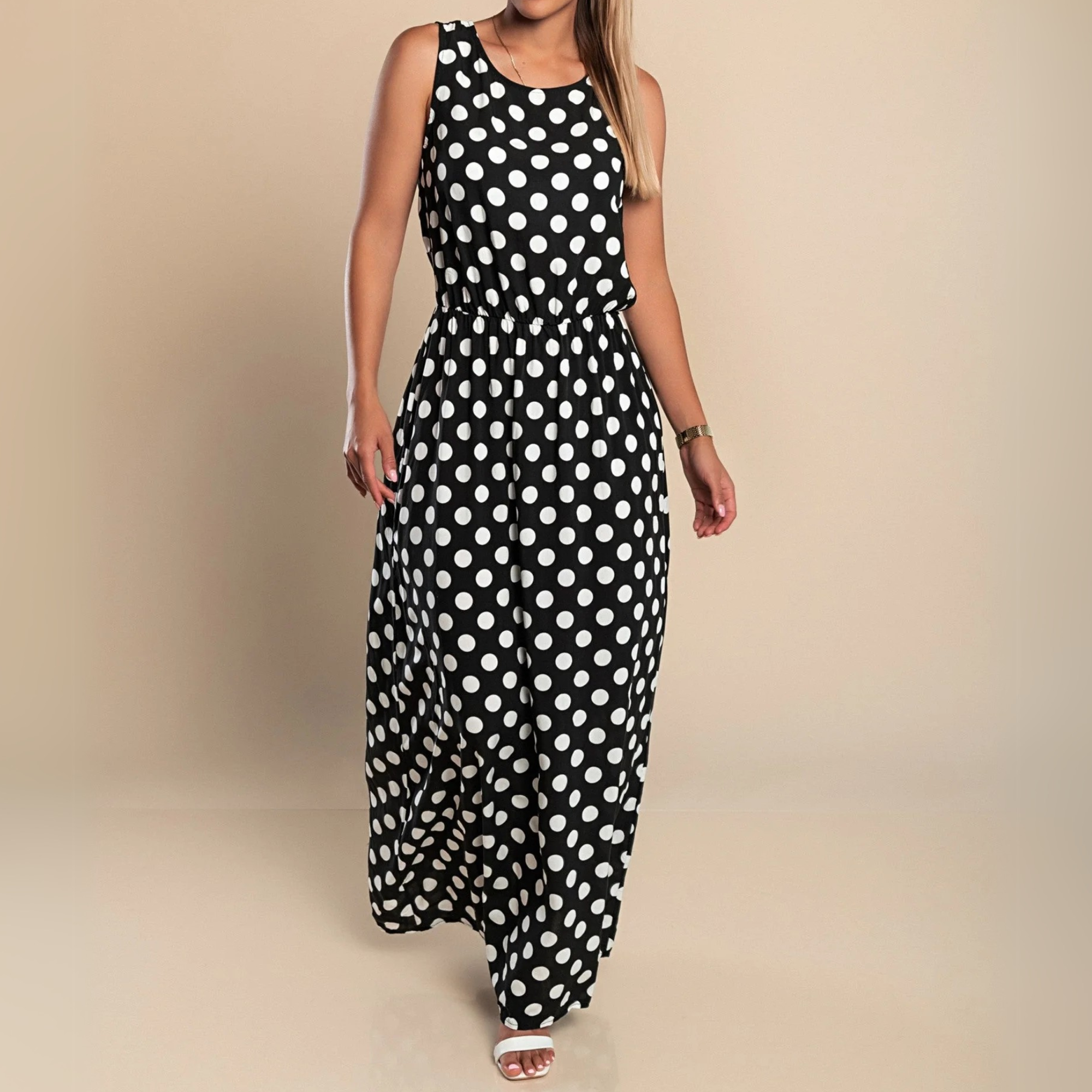 Nadia | Women's Polka Dot Maxi Dress with Sleeveless Design