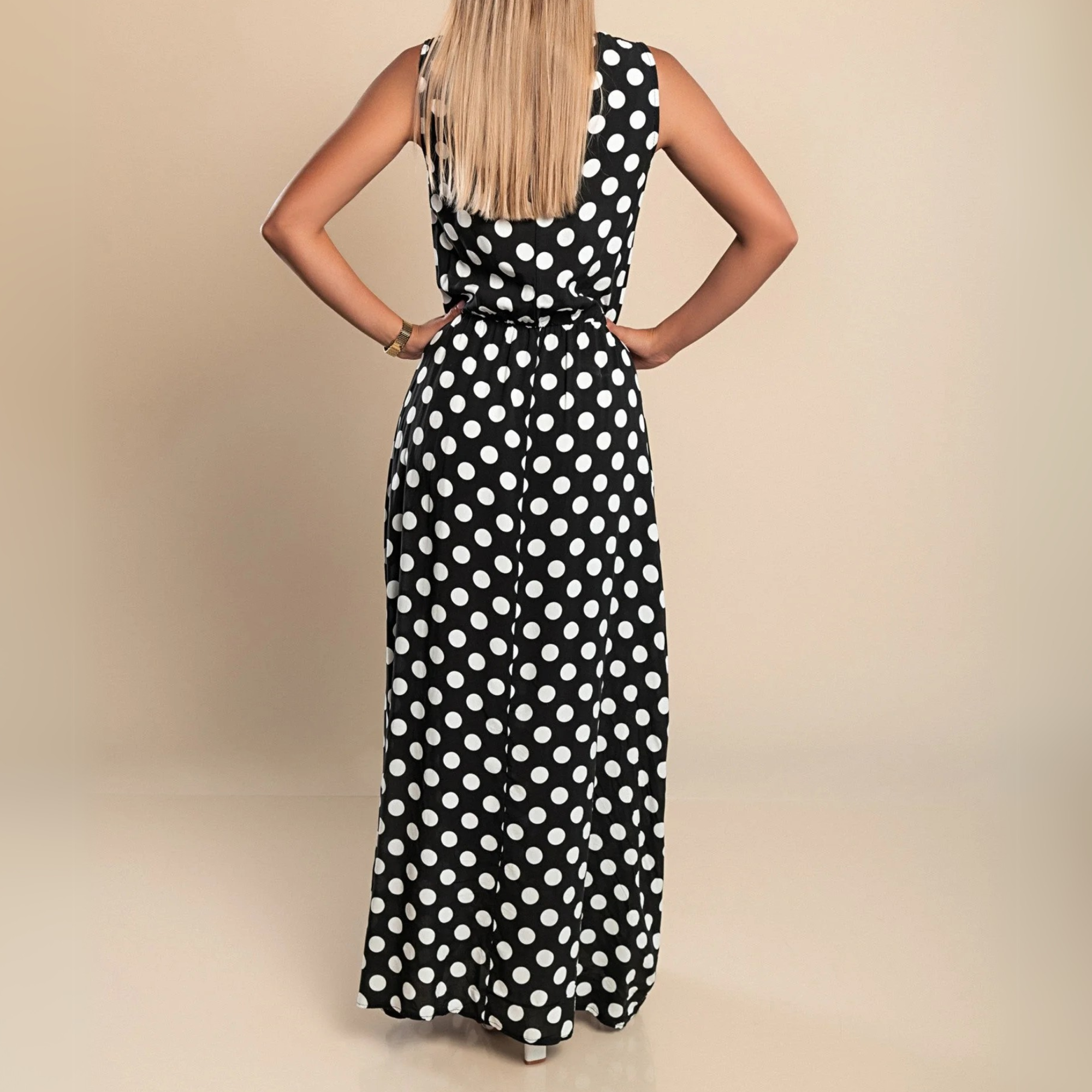 Nadia | Women's Polka Dot Maxi Dress with Sleeveless Design