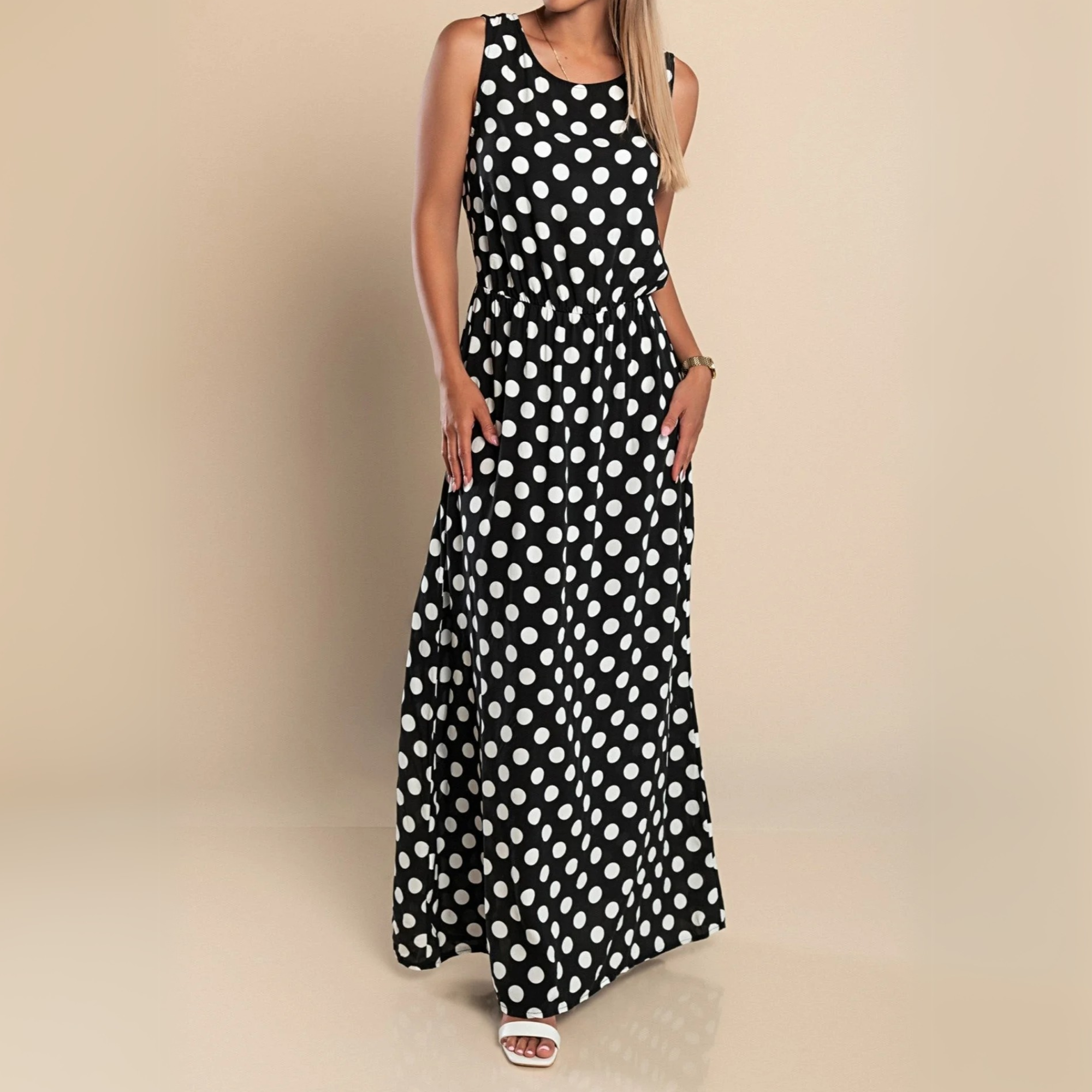 Nadia | Women's Polka Dot Maxi Dress with Sleeveless Design