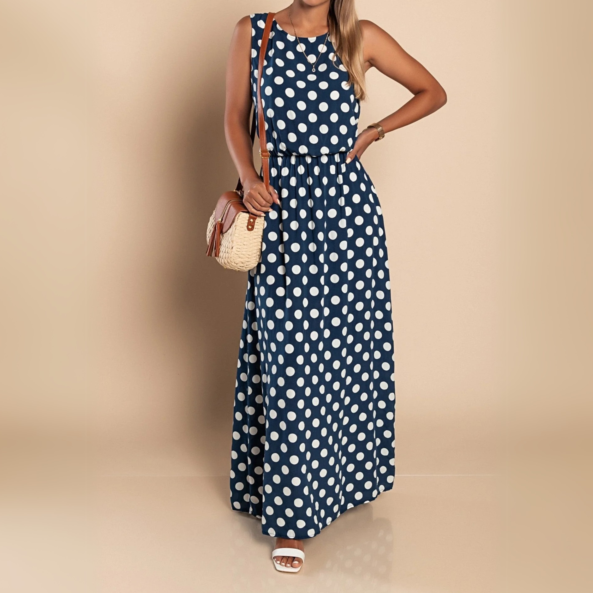 Nadia | Women's Polka Dot Maxi Dress with Sleeveless Design