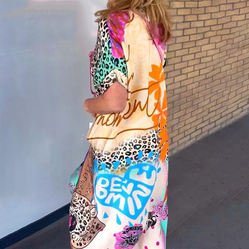 Priya - Women's Leopard Print Midi Dress with Colorful Hem