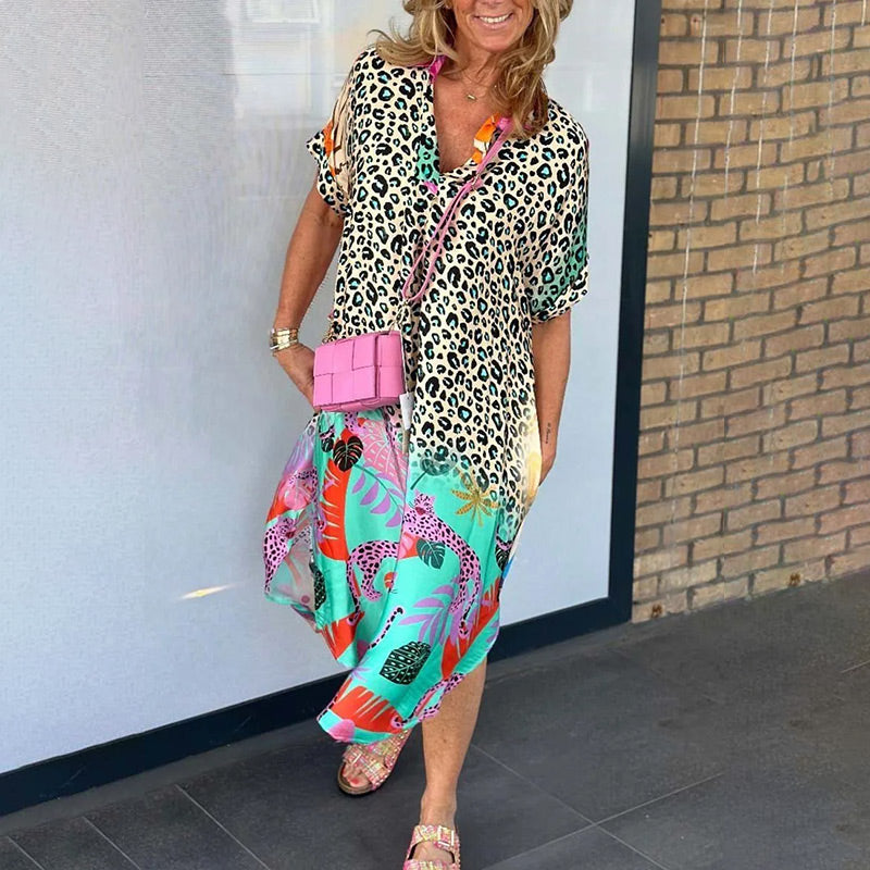 Priya - Women's Leopard Print Midi Dress with Colorful Hem
