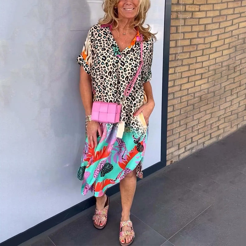 Priya - Women's Leopard Print Midi Dress with Colorful Hem