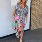 Priya - Women's Leopard Print Midi Dress with Colorful Hem
