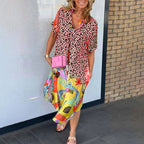 Priya - Women's Leopard Print Midi Dress with Colorful Hem