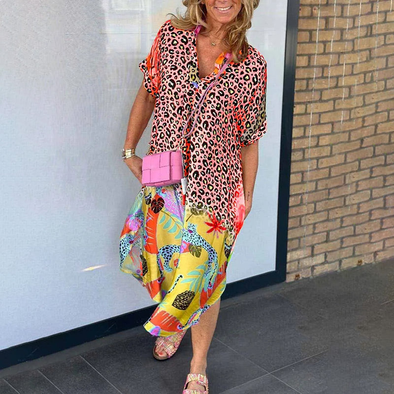 Priya - Women's Leopard Print Midi Dress with Colorful Hem