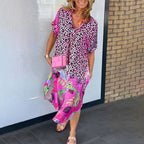 Priya - Women's Leopard Print Midi Dress with Colorful Hem