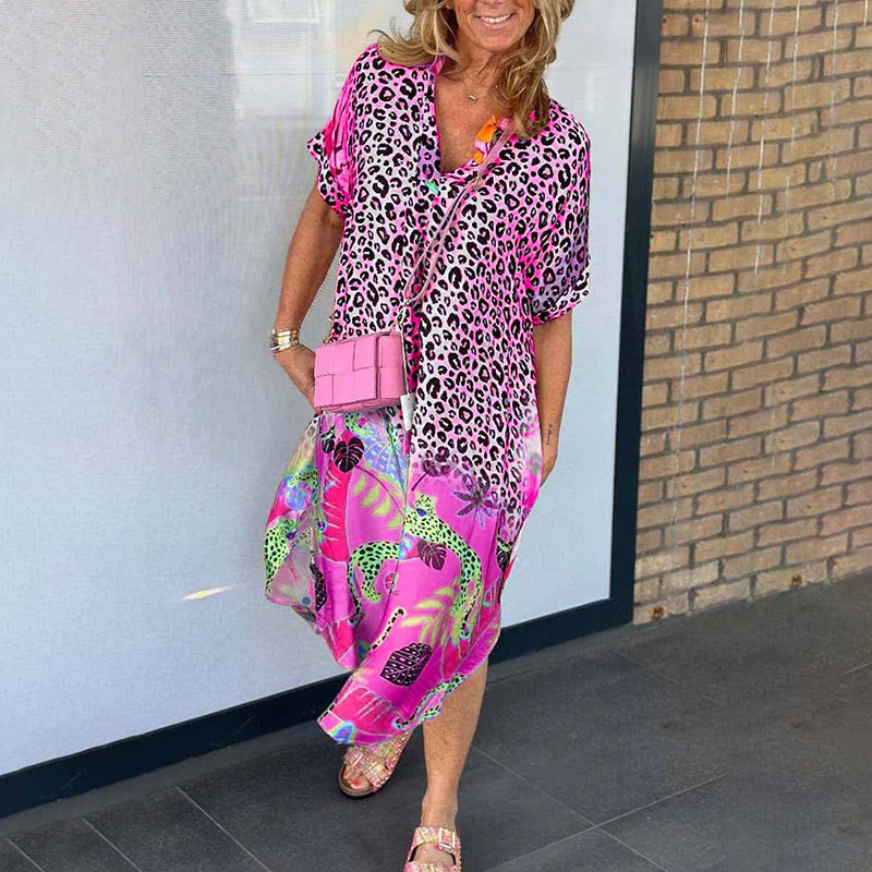Priya - Women's Leopard Print Midi Dress with Colorful Hem