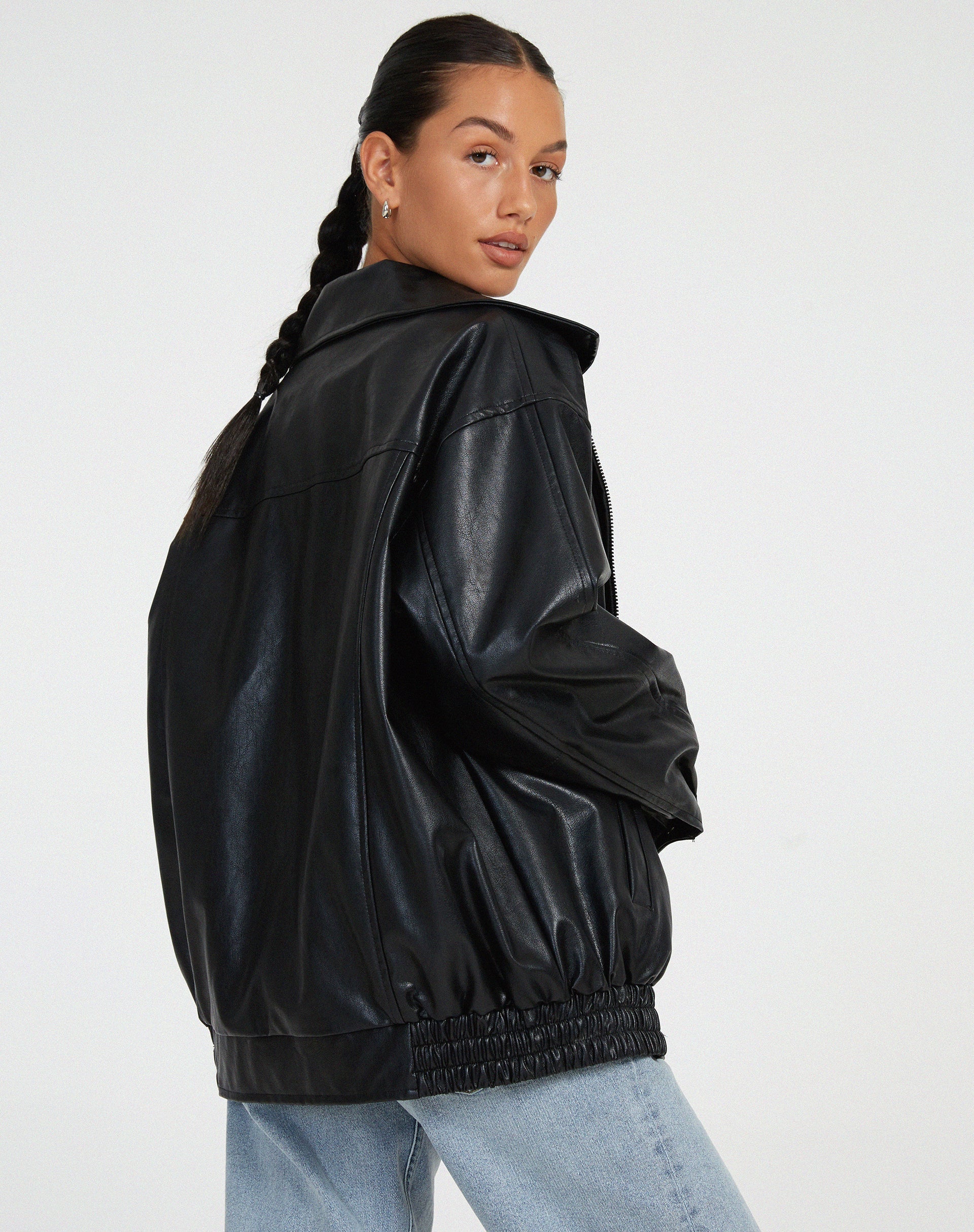 Renata - Women's Leather Bomber Jacket with Plaid Skirt
