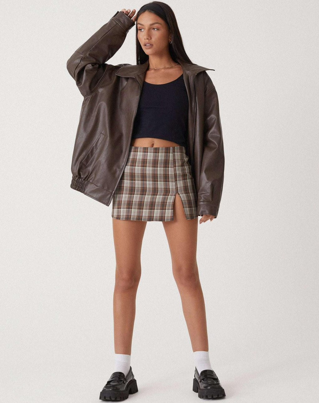 Renata - Women's Leather Bomber Jacket with Plaid Skirt