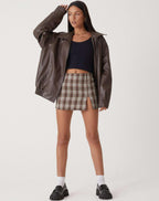 Renata - Women's Leather Bomber Jacket with Plaid Skirt