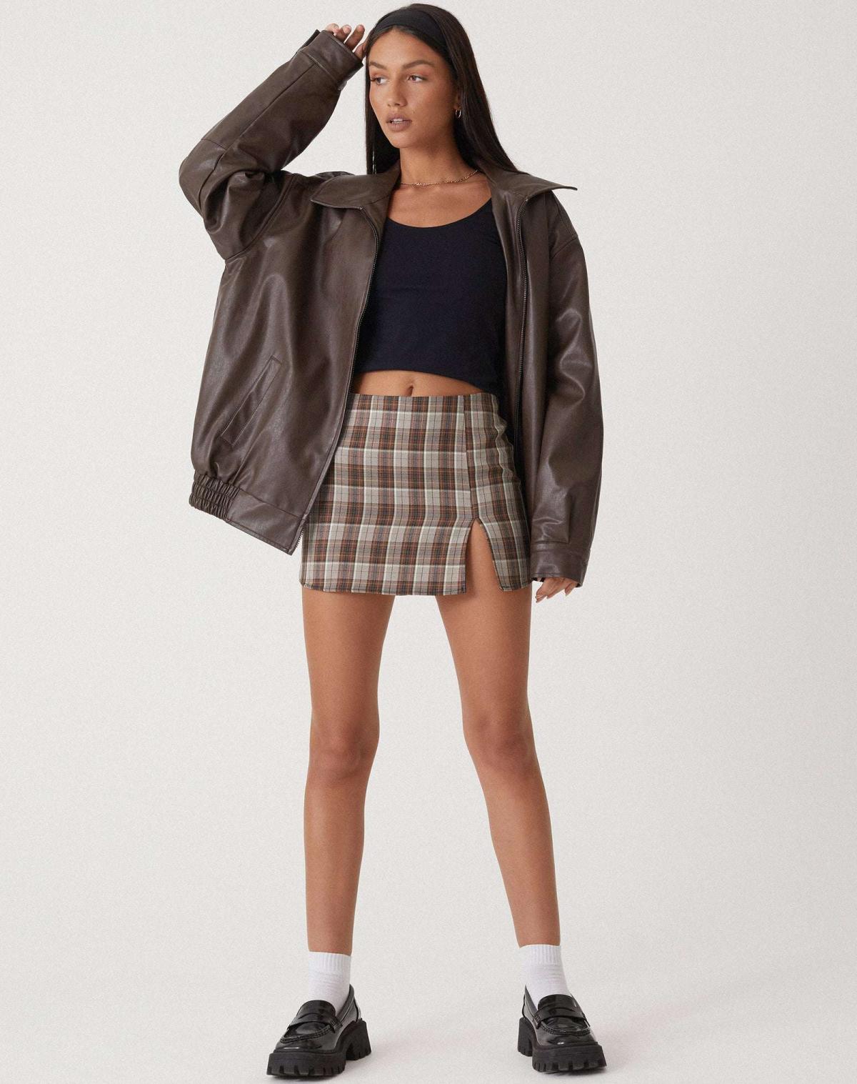 Renata - Women's Leather Bomber Jacket with Plaid Skirt