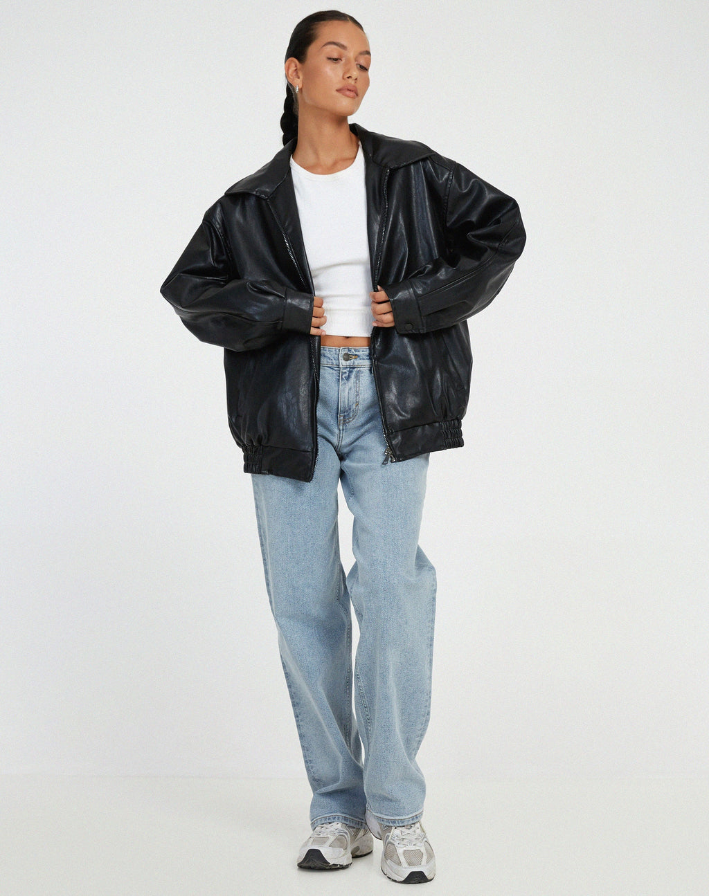 Renata - Women's Leather Bomber Jacket with Plaid Skirt