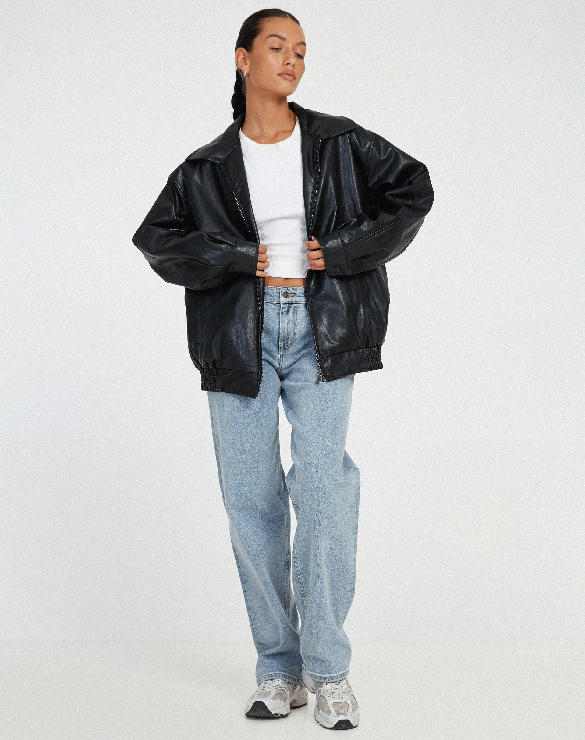 Renata - Women's Leather Bomber Jacket with Plaid Skirt