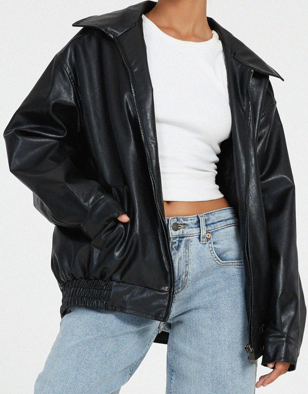 Renata - Women's Leather Bomber Jacket with Plaid Skirt