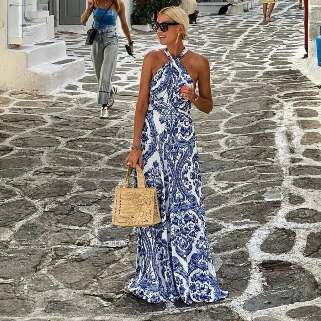Isla | Women's Chic Halter Maxi Dress in Blue White