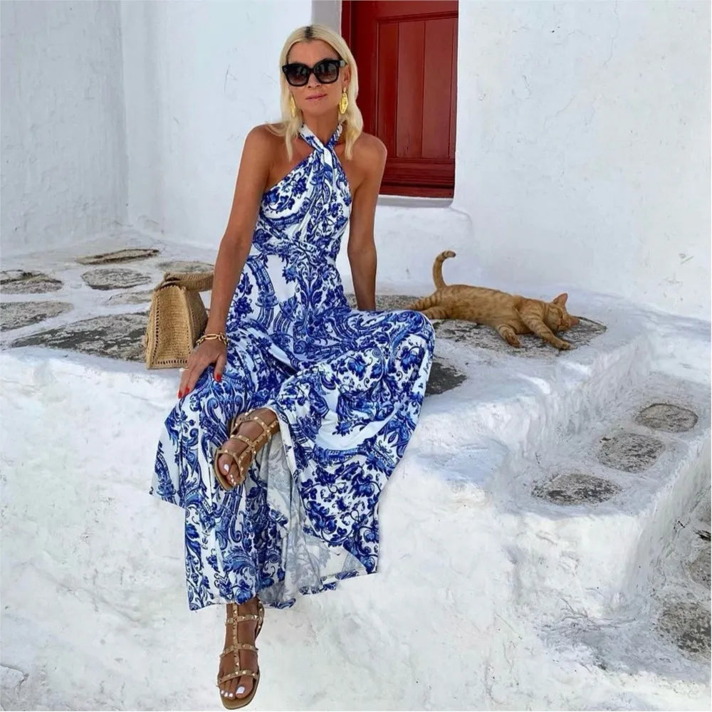Isla | Women's Chic Halter Maxi Dress in Blue White