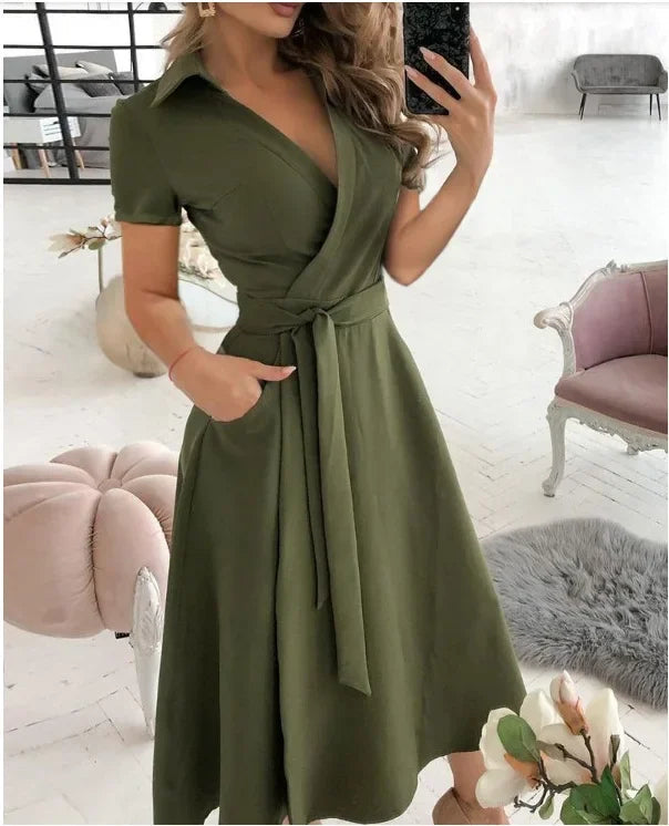 Sienna - Women's Flowy Midi Dress with Tie Waist