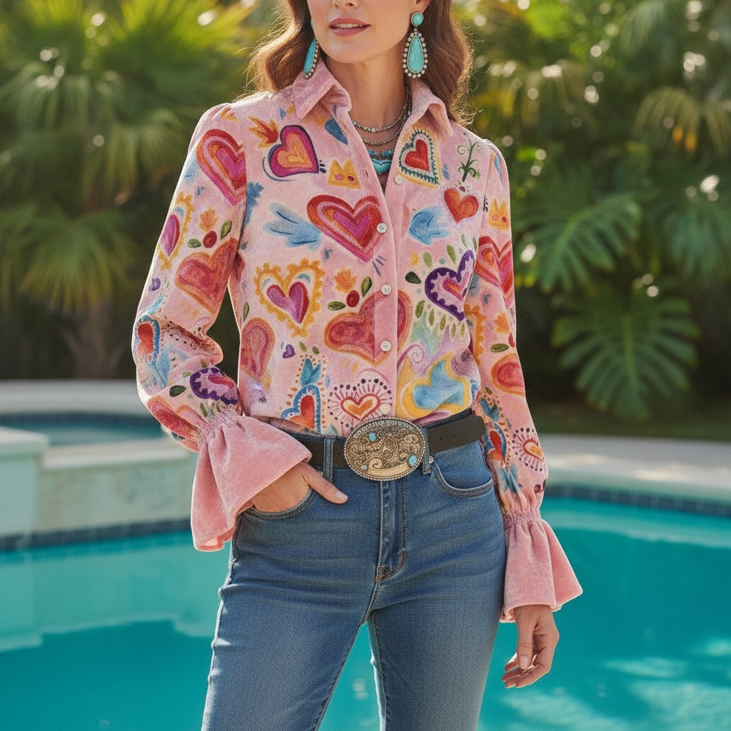Sienna | Women's Heart Print Blouse with Ruffle Sleeves