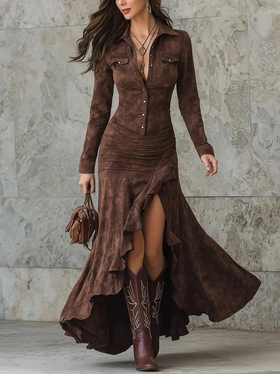 Wren | Women's Suede Long Sleeve Dress with Ruffle Hem
