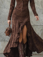 Wren | Women's Suede Long Sleeve Dress with Ruffle Hem