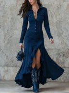 Wren | Women's Suede Long Sleeve Dress with Ruffle Hem
