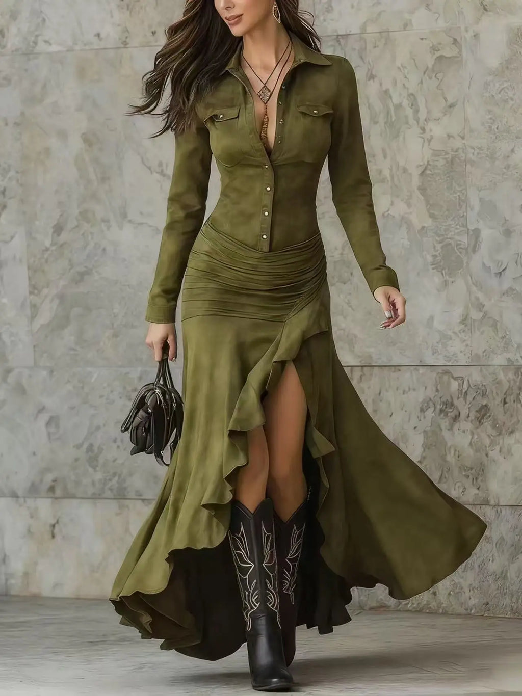 Wren | Women's Suede Long Sleeve Dress with Ruffle Hem