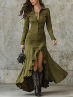 Wren | Women's Suede Long Sleeve Dress with Ruffle Hem